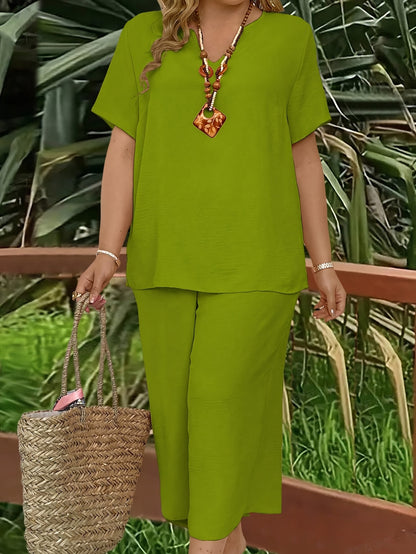 Women's Plus Size Suit, Elegant Solid Color Short Sleeve Top and Wide Leg Pants