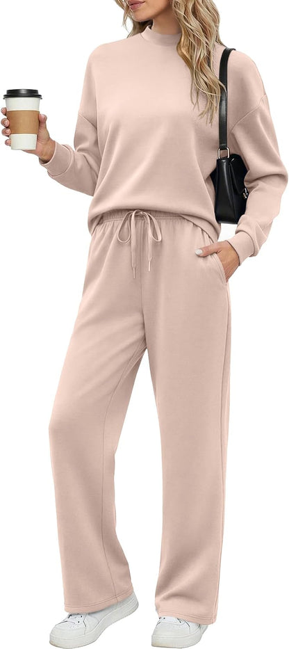 Ekouaer Women's Mock Neck Lounge Set with Wide Leg Pants