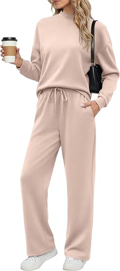 Ekouaer Women's Mock Neck Lounge Set with Wide Leg Pants