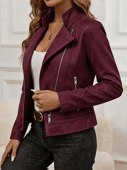 Plus Size Elegant Biker Jacket with Metallic Zipper for Spring/Fall