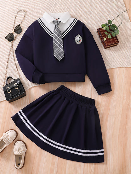 Teen Girls Preppy Two-Piece Set: Loose Sweatshirt & Pleated Skirt