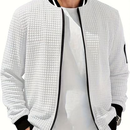 Men's Casual Bomber Jacket with Stand Collar - Polyester and Elastane Blend, Knit Fabric with Slight Stretch, Solid Color, Zipper Detail, Long Sleeve, Regular Fit
