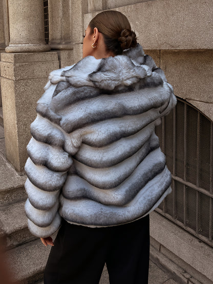 Women'S Faux Fur Coat with Imitation Dragon Cat Pattern - Stylish Gray & White Plush Winter Jacket, Casual Long Sleeve Outerwear for Cold Weather, Cozy Fleece Lined for Comfort