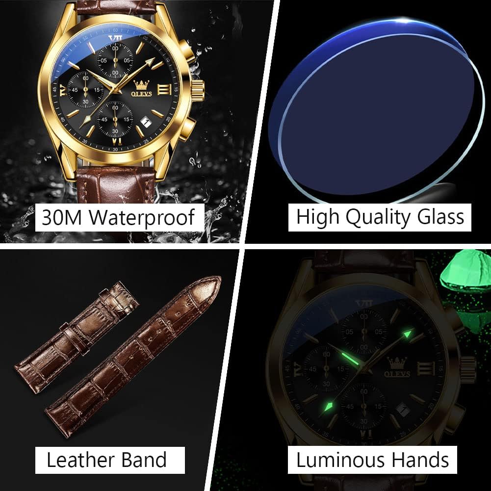 OLEVS Men's Casual Leather Chronograph Watch, Waterproof