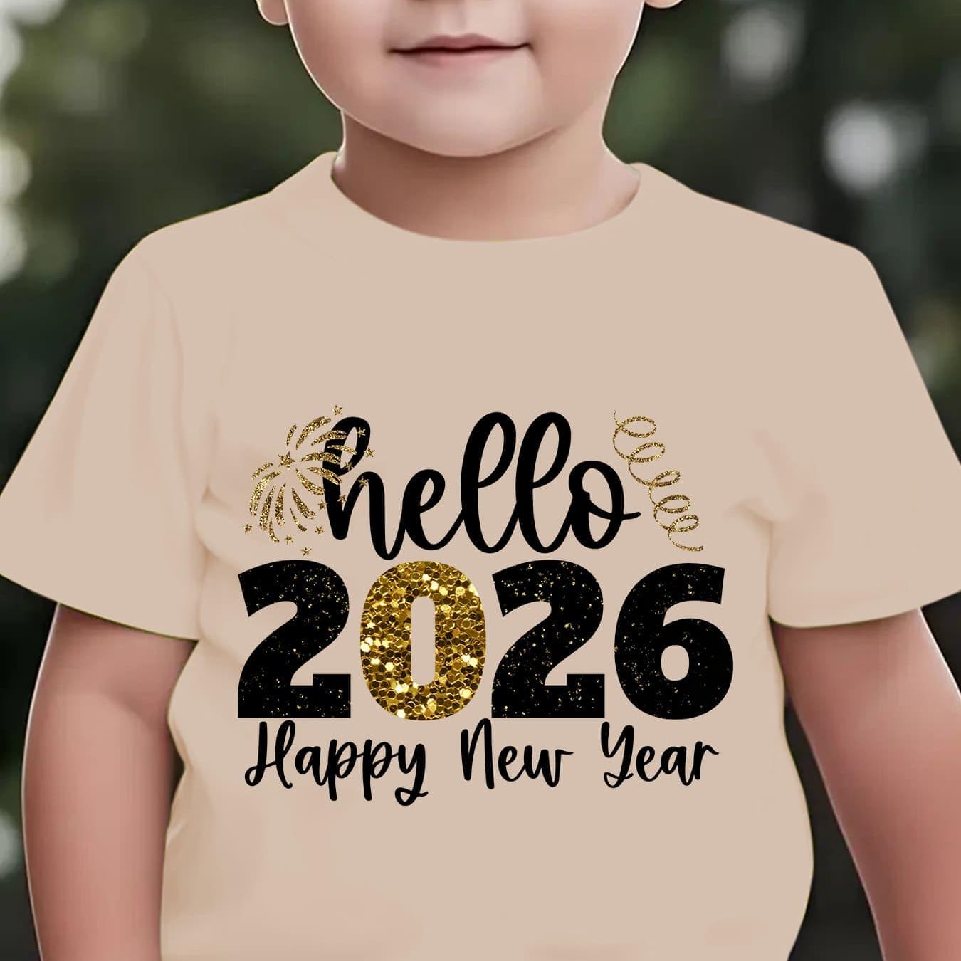 Boys' 2026 New Year'S Eve Party T-Shirt - Hello 2026 Happy New Year Fireworks Print with Golden & Lettering - Lightweight Summer Tee for Birthday Party Outfit, New Year'S Eve Celebration - Easy-care Kids Shirt, New Year T Shi