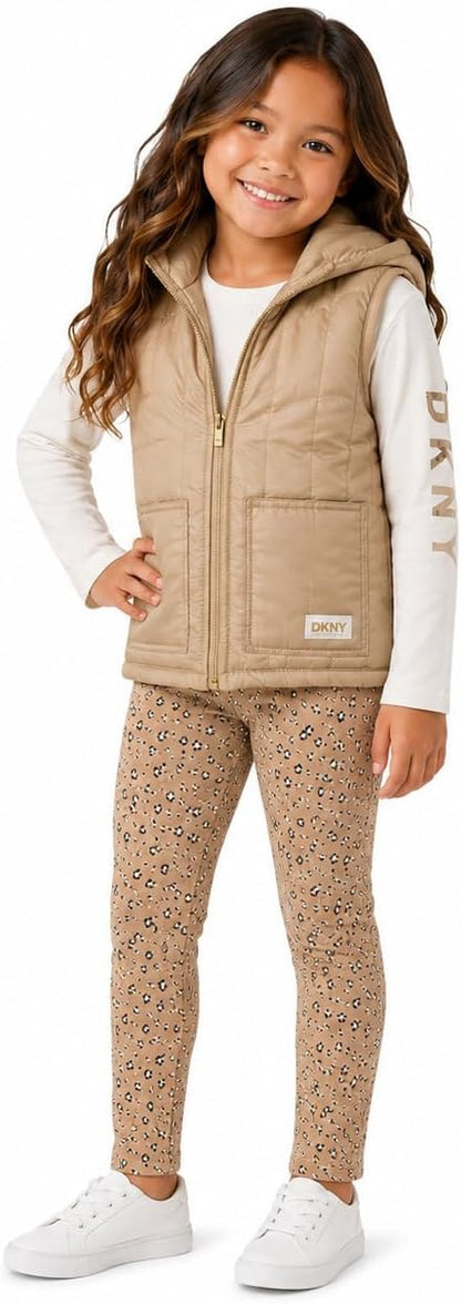 Girls 3 Piece Puffer Vest, Shirt & Flare Leggings Set