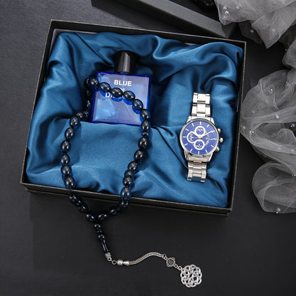 Men's Set, Alloy Blue Dial Watch + Perfume + Prayer Beads, Blues Style