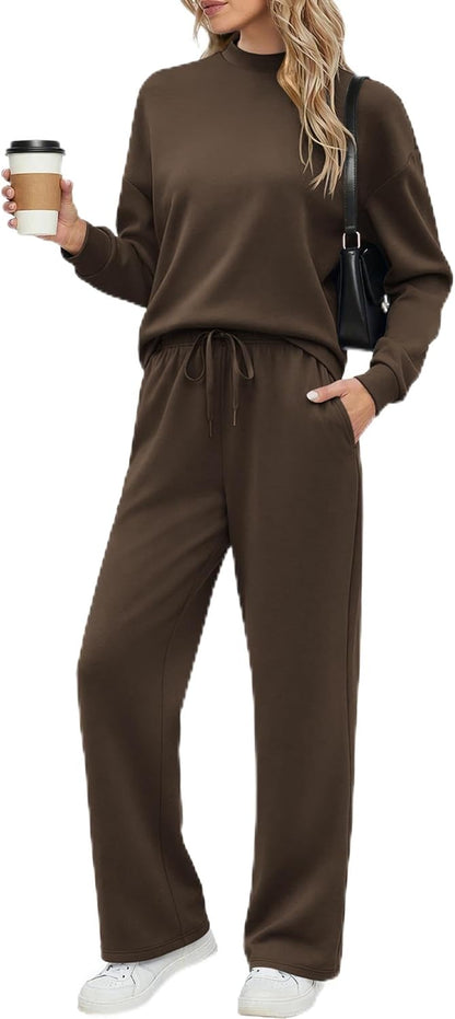 Ekouaer Women's Mock Neck Lounge Set with Wide Leg Pants