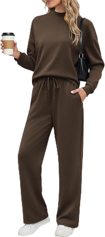 Ekouaer Women's Mock Neck Lounge Set with Wide Leg Pants