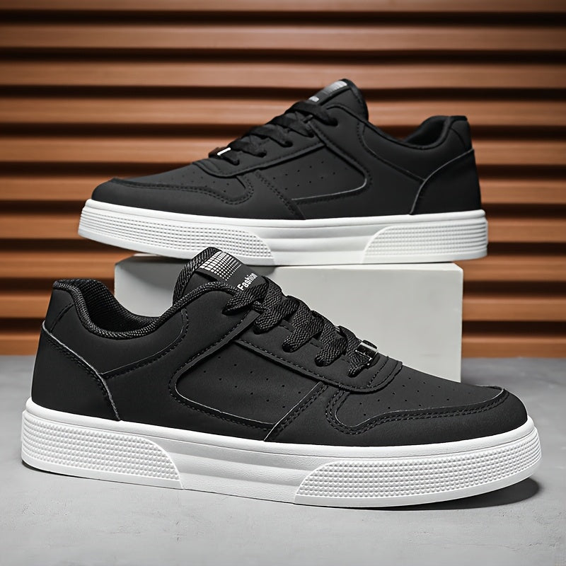 Men'S Breathable Skateboarding Shoes | Low-Top Casual sneakers, Black and White, PU Upper, Lace-up Closure, Suitable for All Seasons - ayq