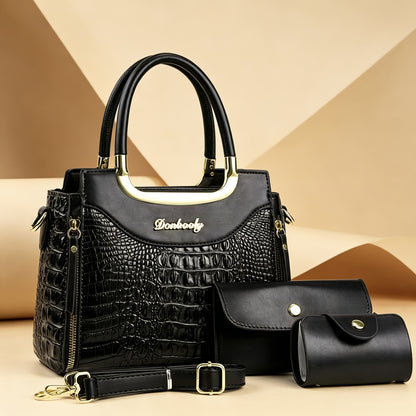 Elegant Crocodile Pattern Women’s Handbag Set with Adjustable Strap