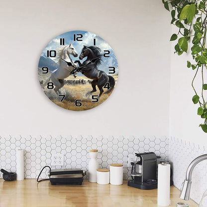 A Wooden Wall Clock with a Fantasy Theme Featuring a Design of Two Horses Facing Each Other, a Silent Clock Suitable for Decorating Living Rooms, Bedrooms, Kitchens, And Offices, Making It an Exciting Gift for Birthdays And H