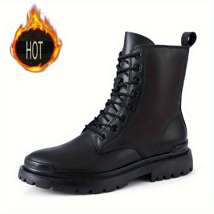 High-End Fashionable Outdoor Casual Men'S Boots for Autumn And Winter, Classic Black Versatile Men'S Boots with Fleece, Genuine Leather Work Shoes for Men.