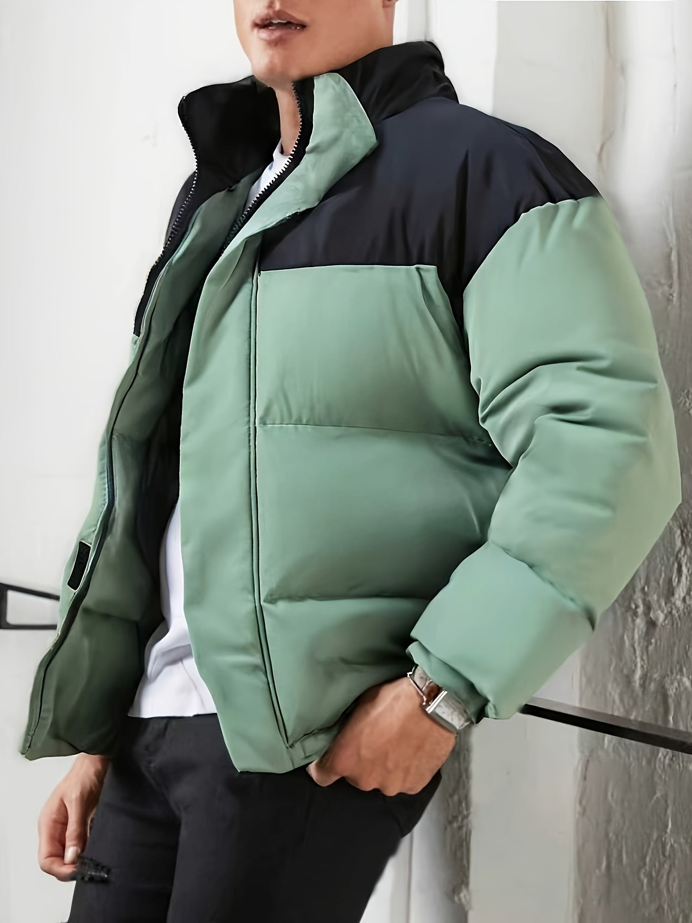 Men's Winter Color-Block Jacket with Stand Collar - Black & Casual Outdoor Warm Coat, Polyester-Filled Zipper Front, Regular Fit for Cold Weather, No Stretch Fabric