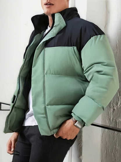 Men's Winter Color-Block Jacket with Stand Collar - Black & Casual Outdoor Warm Coat, Polyester-Filled Zipper Front, Regular Fit for Cold Weather, No Stretch Fabric