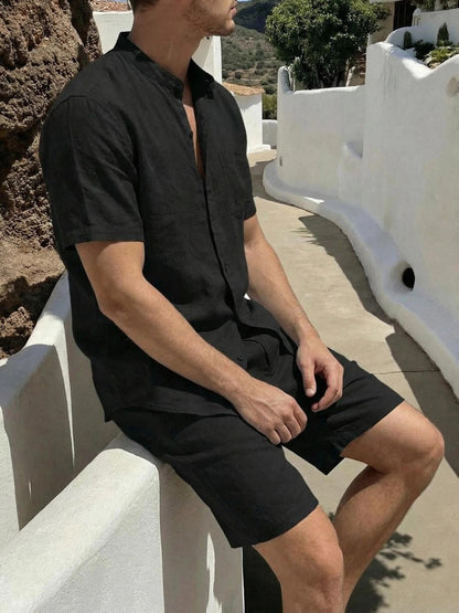 Men's Linen Short-Sleeve Shirt and Shorts Set for Summer Casual