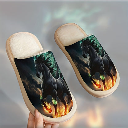 Men'S & Women'S Plush Slip-On Slippers - Winter Warmth with Horse & Flame Design, Soft Plush Lining & EVA Sole, Indoor House Shoes for Home, Office