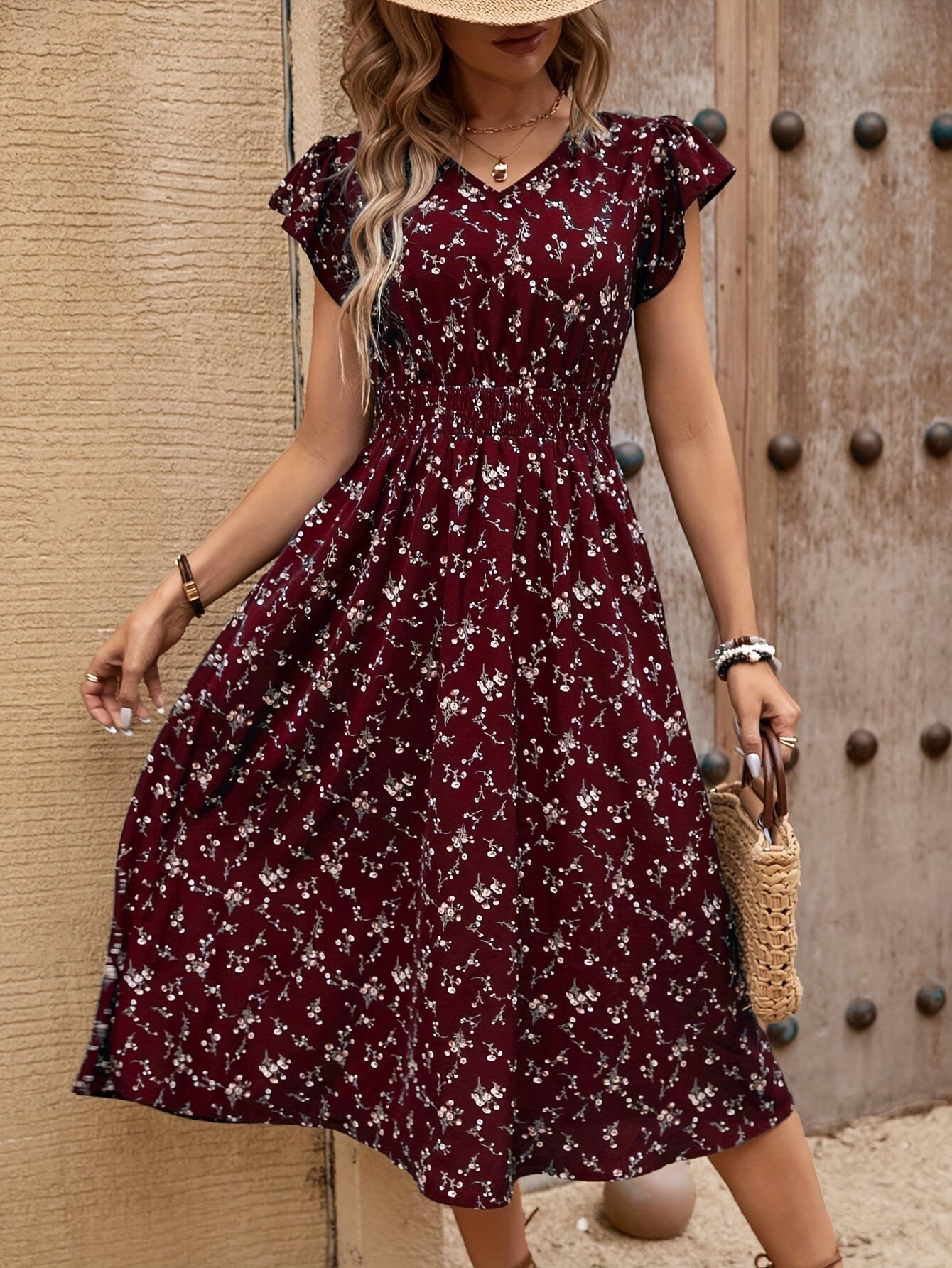 Women's Printed V-Neck Midi Dress with Ruffle Sleeves - Spring/Summer
