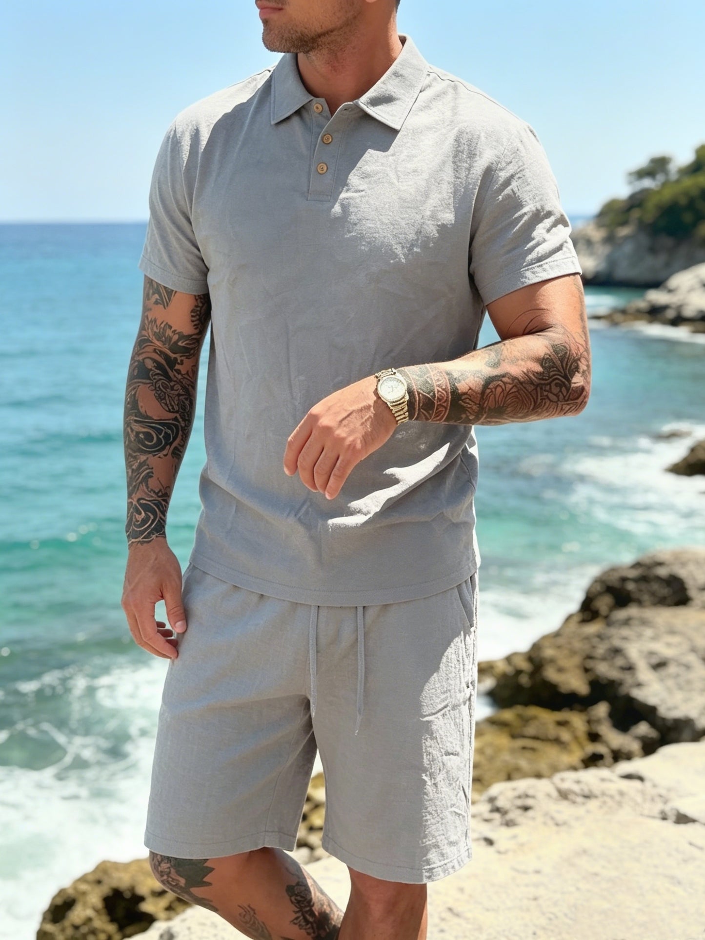 Men's Breathable Linen Polo Shirt & Shorts Summer Set