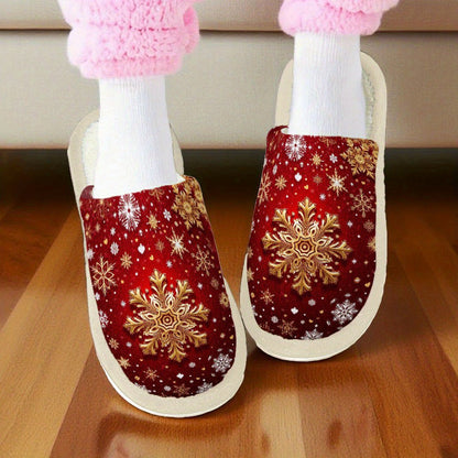 Red Snowflake Print Shoes, Soft and Durable, One Pair, Suitable for Couples, Comfortable and Non-Shedding, Perfect for Halloween and Christmas, Super Comfortable Indoor Shoes, Wear Indoors and Outdoors, Soft Plush Lining for