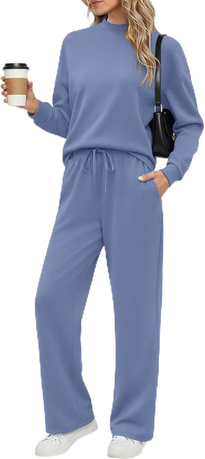 Ekouaer Women's Mock Neck Lounge Set with Wide Leg Pants