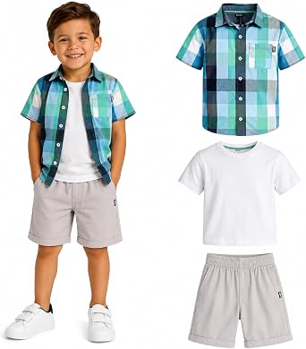 Boys 3-Piece Button Down Shirt, Tee & Shorts Set
