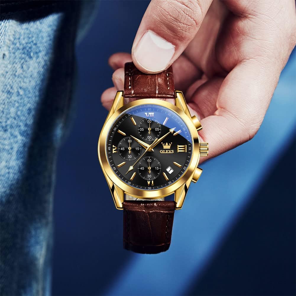 OLEVS Men's Casual Leather Chronograph Watch, Waterproof