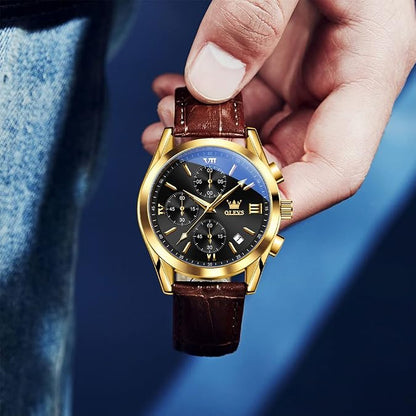 OLEVS Men's Casual Leather Chronograph Watch, Waterproof