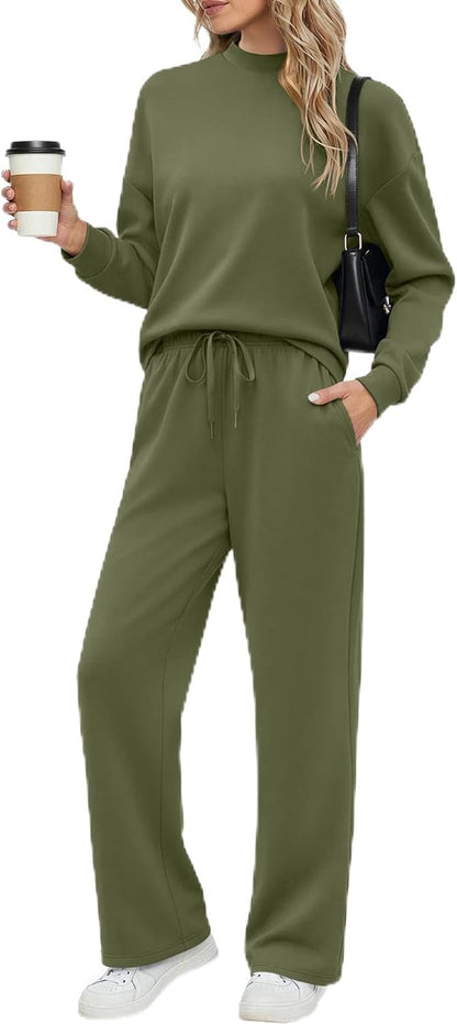 Ekouaer Women's Mock Neck Lounge Set with Wide Leg Pants