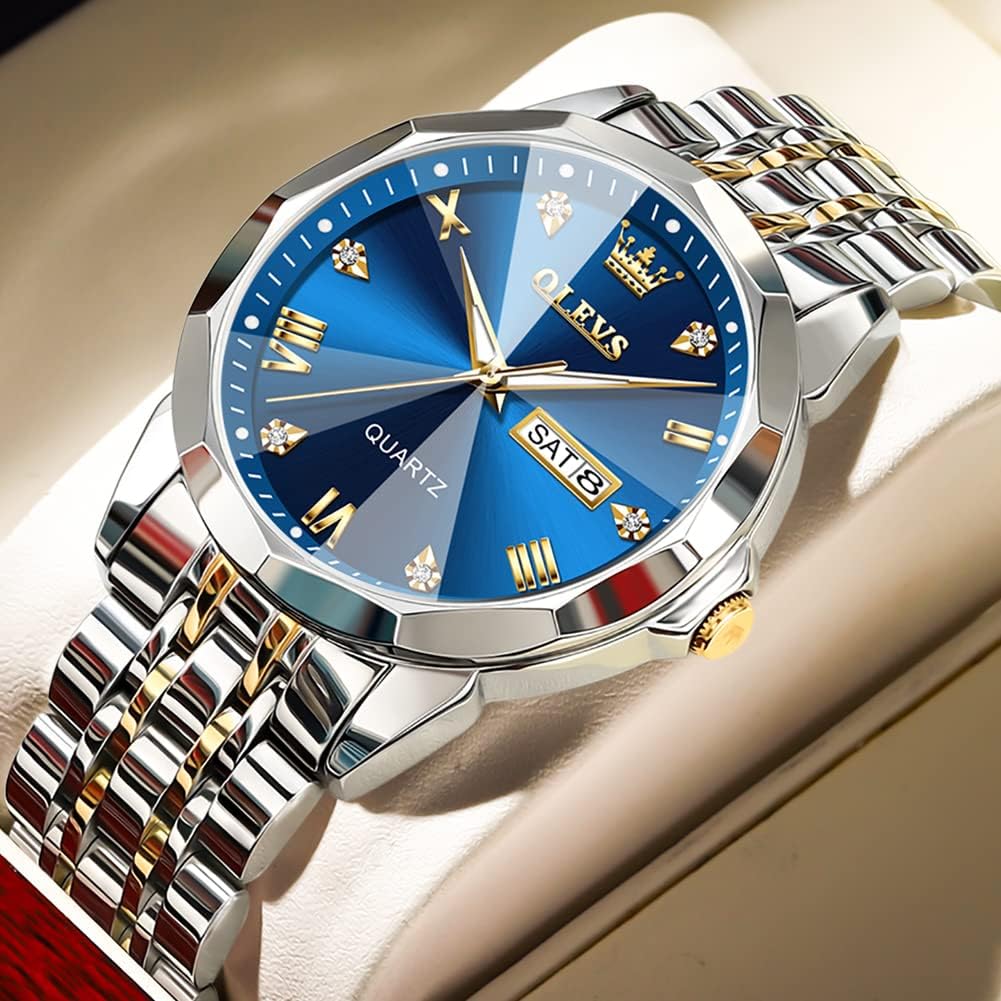 OLEVS Men's Two-Tone Luxury Analog Quartz Watch Blue