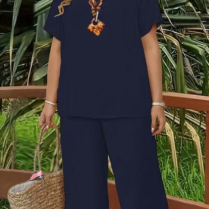 Women's Plus Size Suit, Elegant Solid Color Short Sleeve Top and Wide Leg Pants