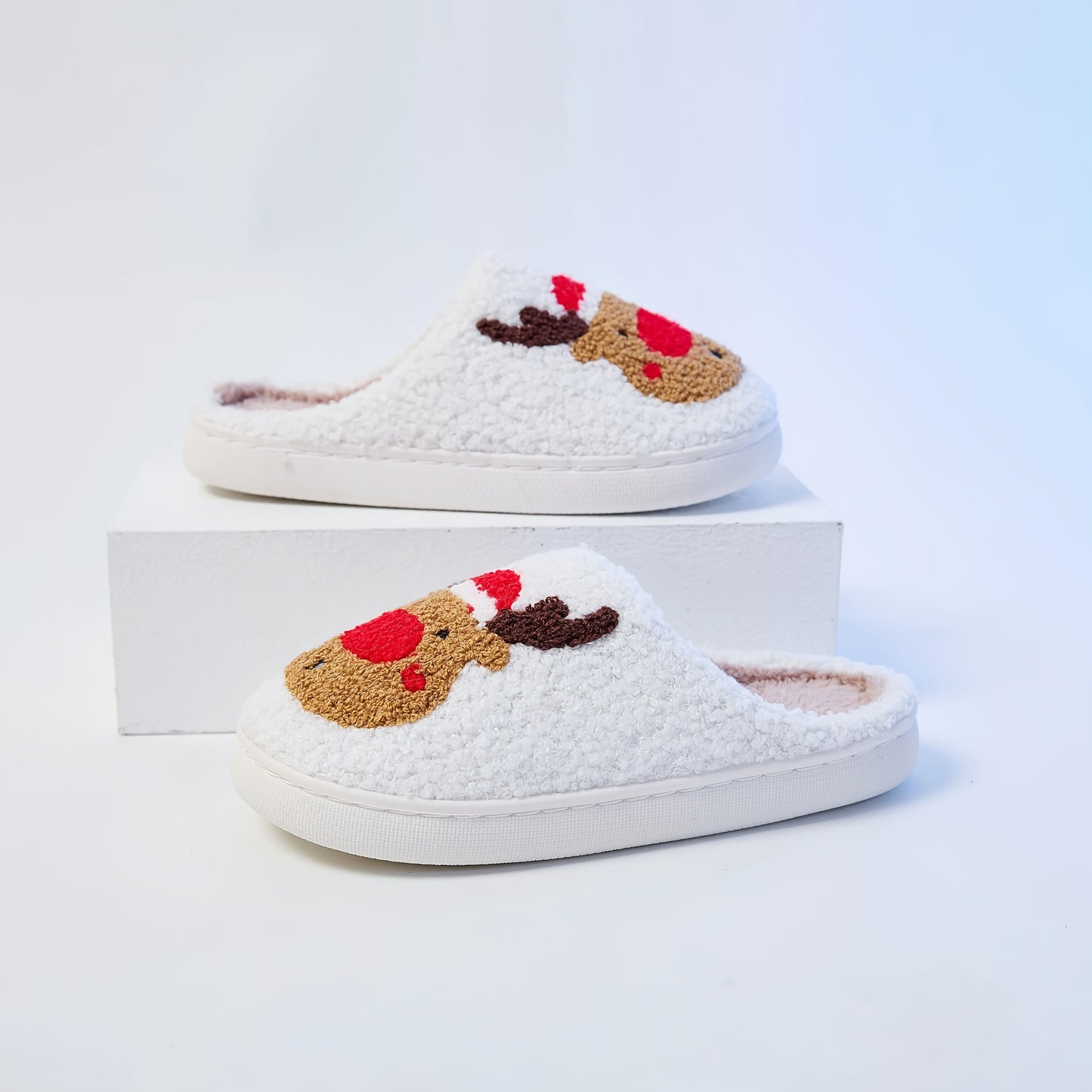 Mrs Hui Men's & Women's Plush Flocked Reindeer Slippers - Cozy Winter Indoor/Outdoor Christmas House with Antlers, Soft Warm & TPR Sole, Unisex -Like Footwear for Holiday Parties, Slippers For Women, House Slippers For Women,