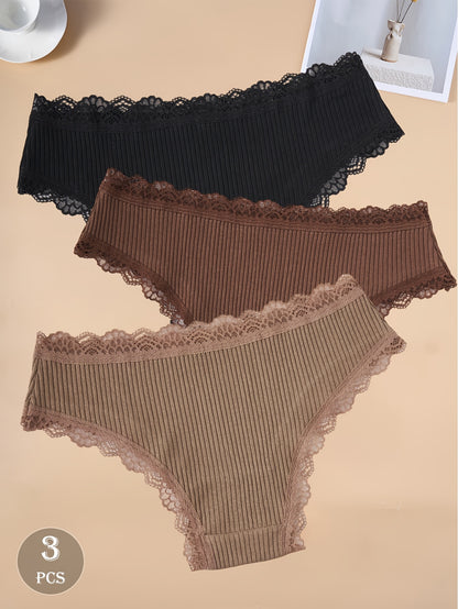3-Pack Dark Cotton Women's Briefs with Lace Trim and Bow