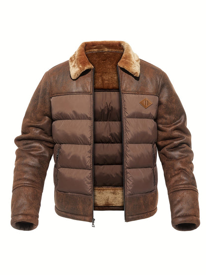 Men'S Casual Jacket with Faux Fur Collar, Polyester 100% Solid Color, Long Sleeve, Zipper Closure, Regular Fit, Woven Fabric, Outdoor Hiking Jacket with 60g/m² Lining Weight