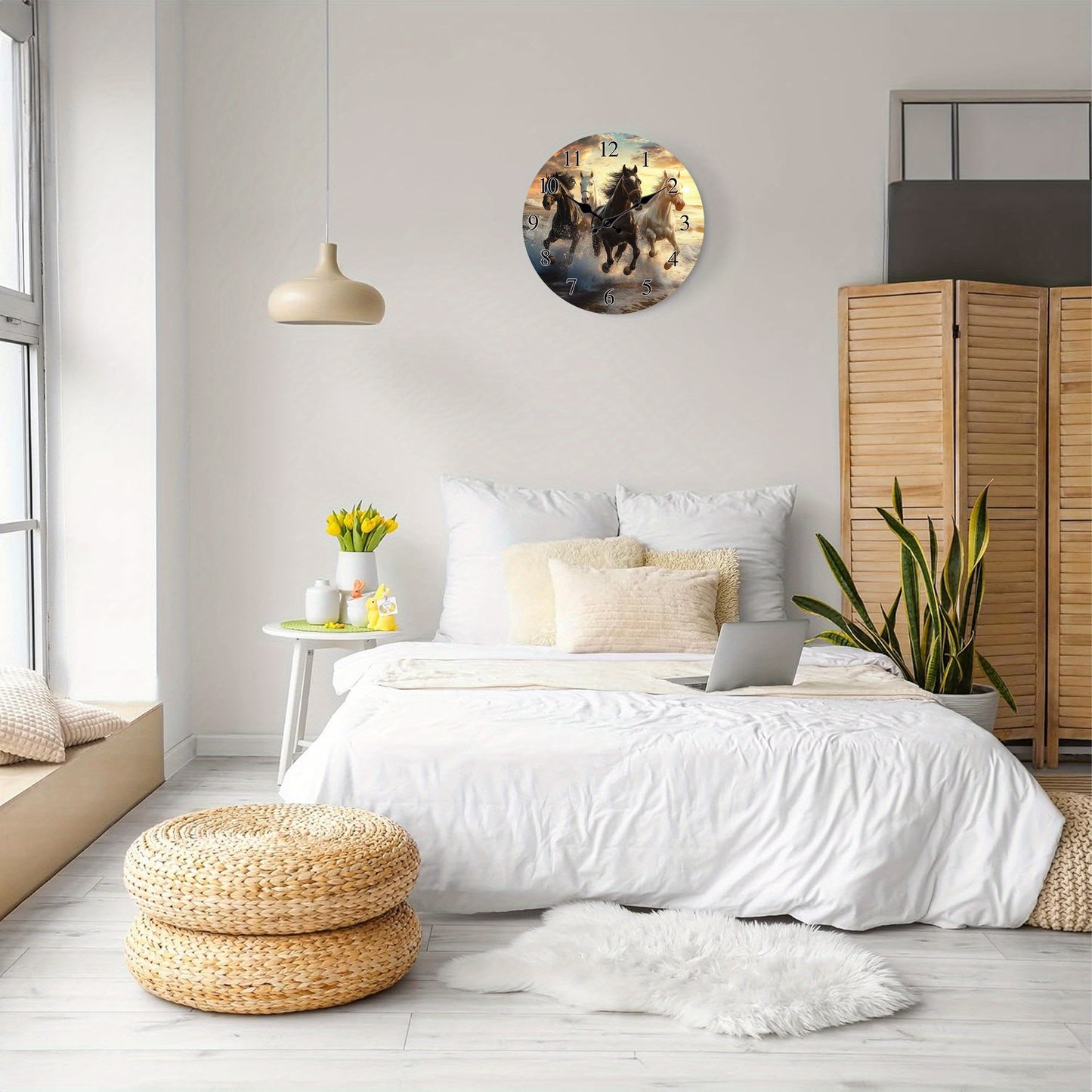 One piece, wooden wall clock with running horses pattern design, modern wall aesthetic decorative art wall clock, silent, suitable for living room, bedroom, kitchen, office decoration, home decoration, ideal Christmas, New Ye