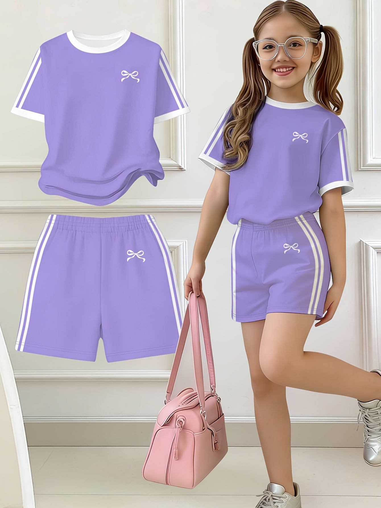 Girls' Butterfly Print Bow Short Sleeve Tee & Shorts Set