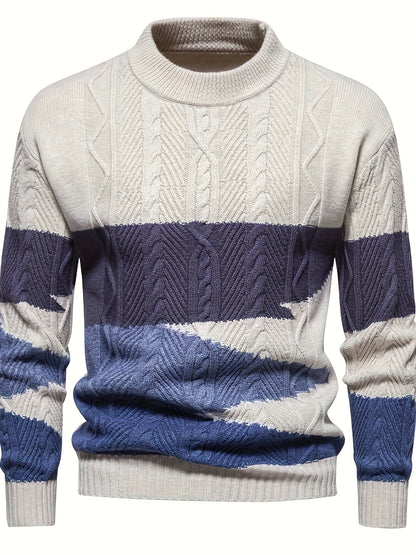 Men's Stylish Solid Knitted Pullover, Casual Mid Stretch Breathable Long Sleeve Crew Neck Top For City Walk Street Hanging Outdoor Activities