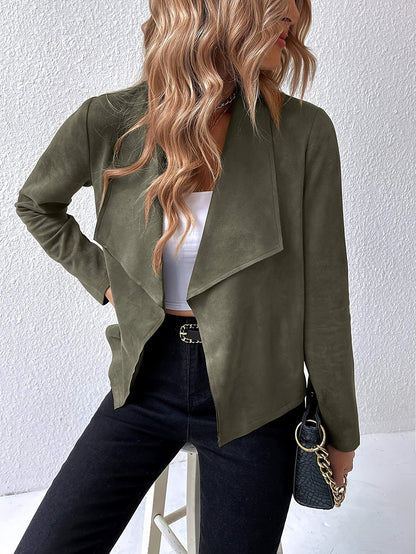 Plus Size, Olive Green Faux Fur Lapel Blazer - Stretchy Polyester Casual Jacket with Golden-Tone Chain Strap Shoulder Bag, Machine Washable Fall/Winter Outerwear for Women
