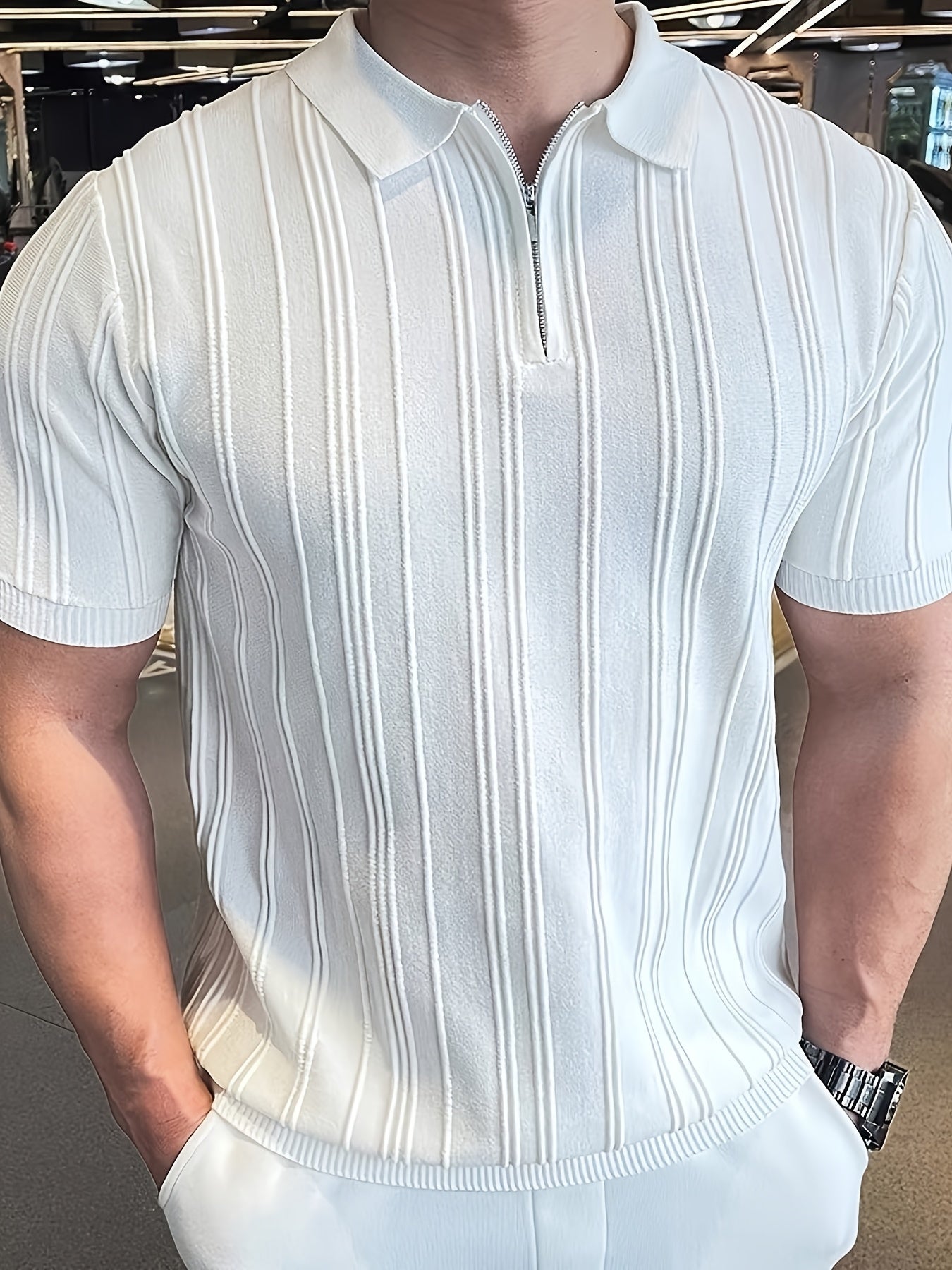 Men's Polo Shirt with Quarter Zip, Short Sleeve Summer Knit