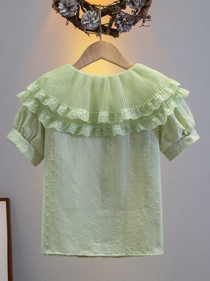 Girls' Summer Short Sleeve Shirt with Lace Collar, Preppy Style