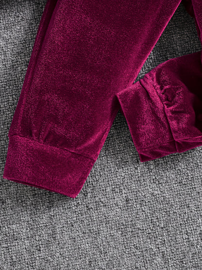 Girls' Long Pants Set, Burgundy Hooded Sweatshirt & Sweatpants, New Autumn Winter Warm Pullover Top, Fabric Two-Piece Set, Princess English Letter Embroidery with Pockets, Festive Holiday Outfit for Baby Girls, Perfect for Ou