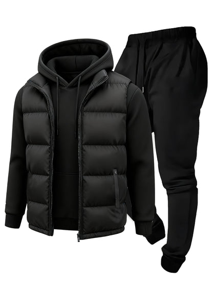 3pcs Vest Casual Set for Men Men's Casual Cartoon Drawstring Pocket Hoodie and Sports Drawstring Trousers Matching Set