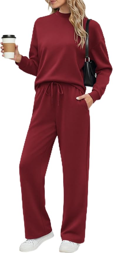 Ekouaer Women's Mock Neck Lounge Set with Wide Leg Pants