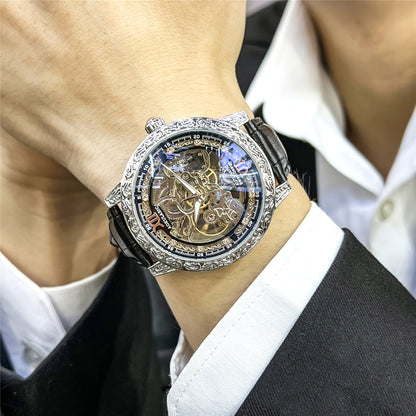 Vintage Hollow Carved Automatic Mechanical Men'S Watch, Fashionable Luxury Men'S Watch, High-end Thickened Mechanical Style Hip-Hop Party Wristwatch, Without Battery