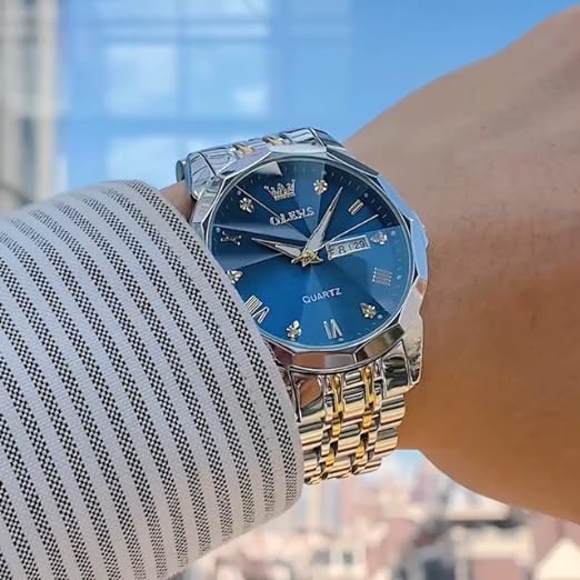 OLEVS Men's Two-Tone Luxury Analog Quartz Watch Blue