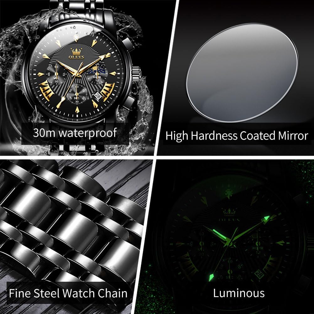OLEVS Men's Waterproof Luminous Chronograph Watch Gold Black