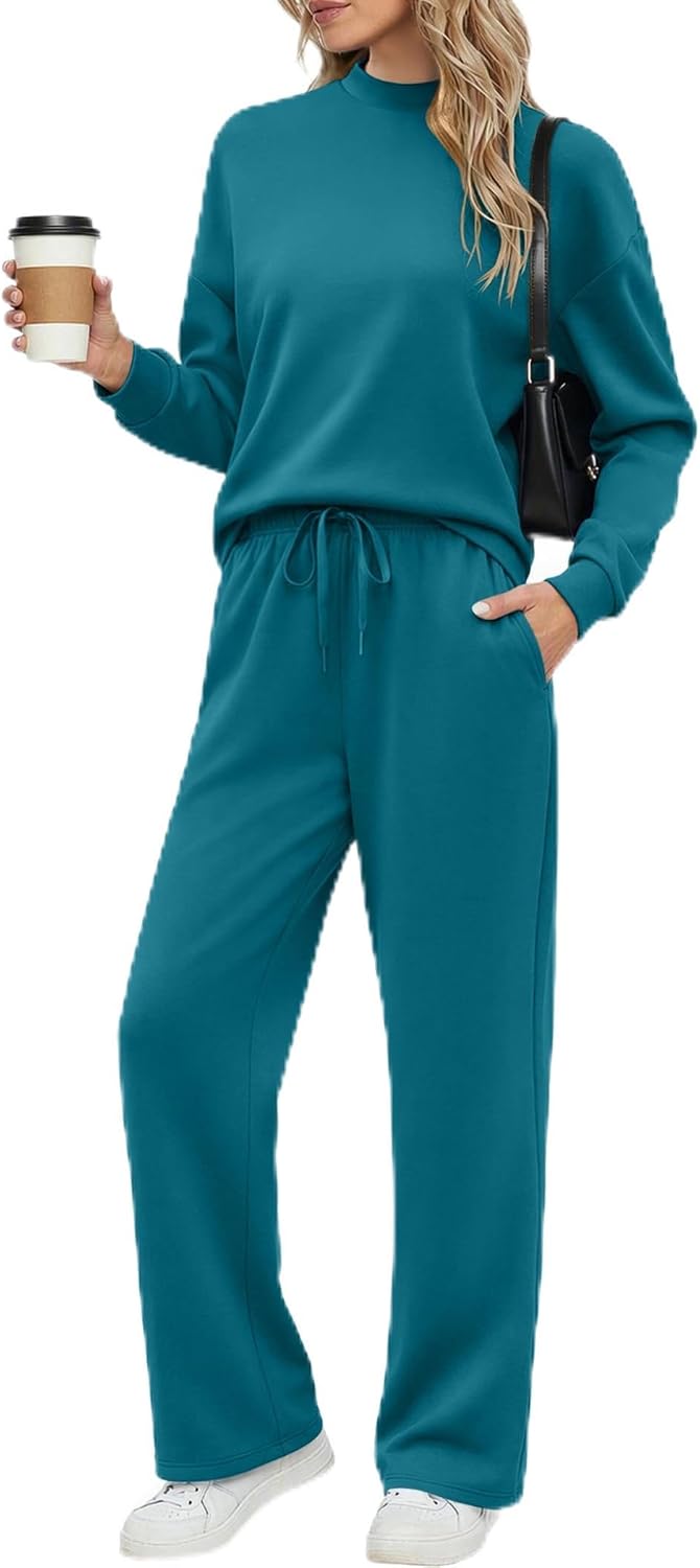 Ekouaer Women's Mock Neck Lounge Set with Wide Leg Pants