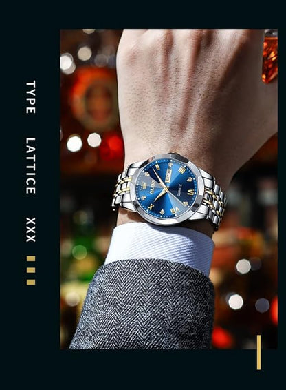 OLEVS Men's Two-Tone Luxury Analog Quartz Watch Blue