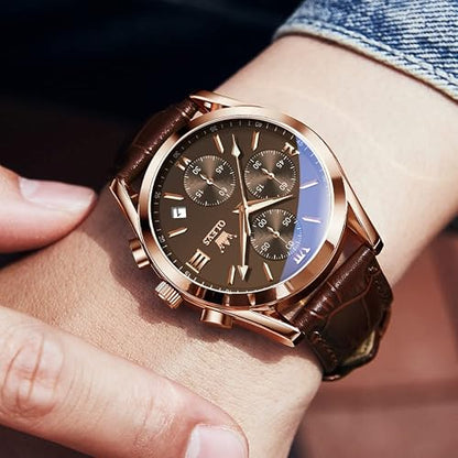 OLEVS Men's Waterproof Leather Band Quartz Watch