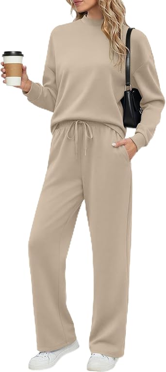 Ekouaer Women's Mock Neck Lounge Set with Wide Leg Pants